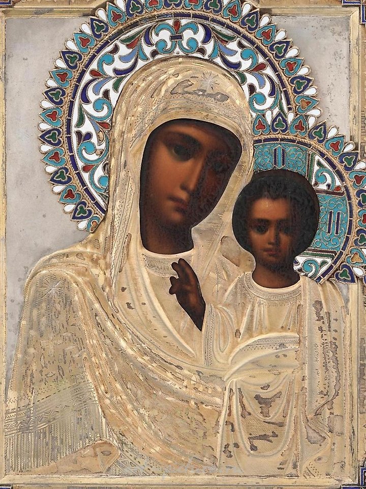 Russian silver , RUSSIAN ICON KAZAN MOTHER OF GOD IN SILVER OKLAD