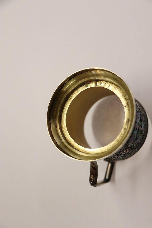 Russian silver , Imperial Russian 84 silver enamel glass holder, Mark DN