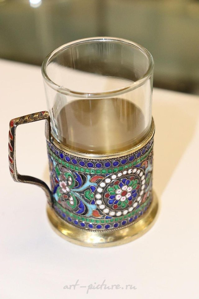 Russian silver , Imperial Russian 84 silver enamel glass holder, Mark DN