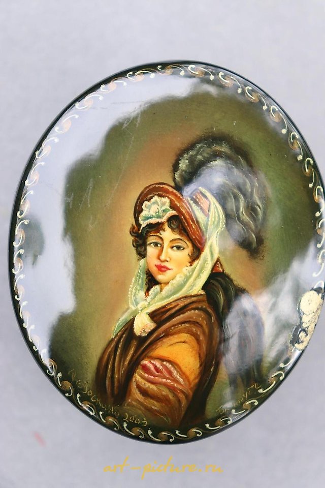 Russian silver , Beautiful Lady, hand-painted Russian lacquer miniature Fedos...