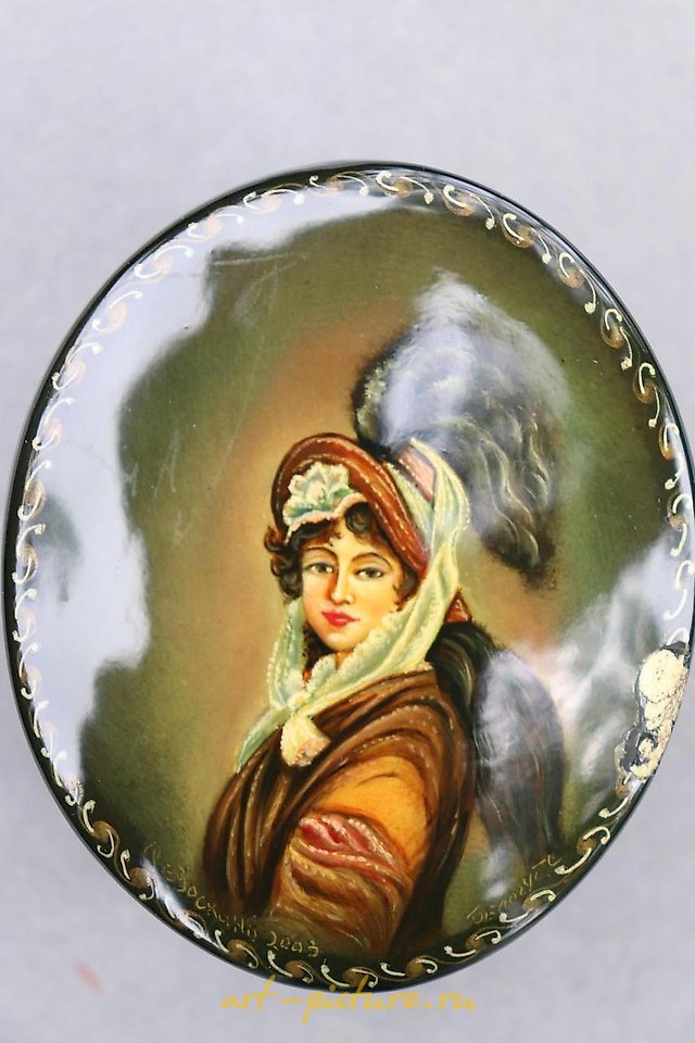 Russian silver , Beautiful Lady, hand-painted Russian lacquer miniature Fedos...