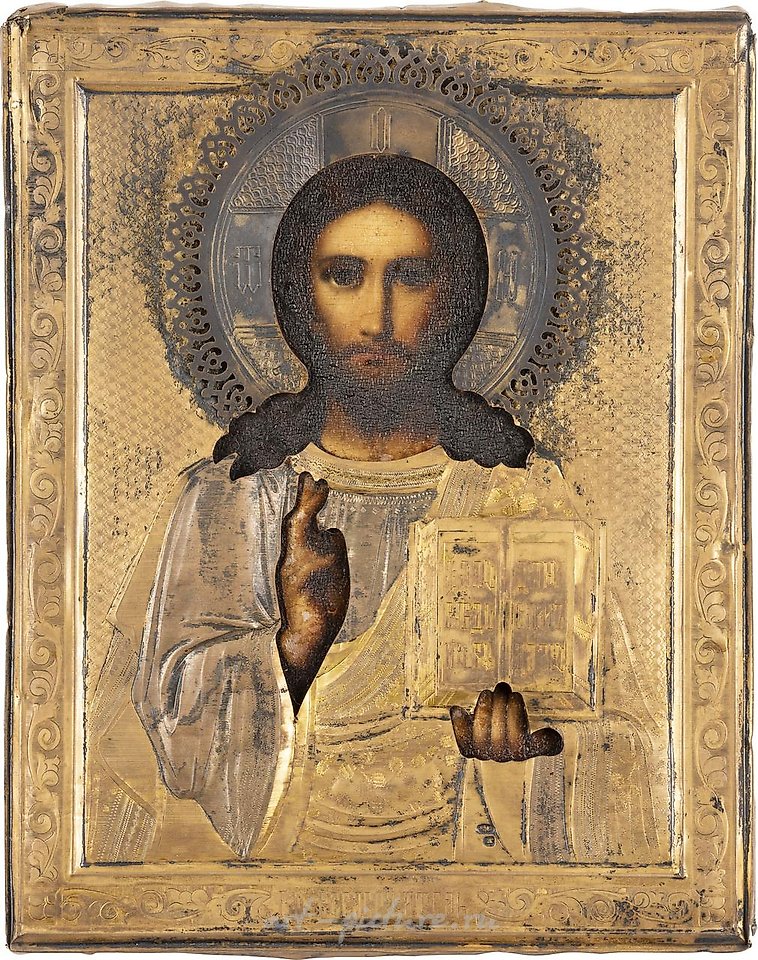 Russian silver , ICON WITH CHRIST PANTOCRATOR WITH VERMEIL OKLAD