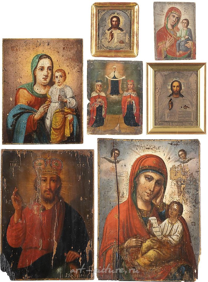 Русское серебро , СЕМЬ ИКОН, ПОКАЗЫВАЮЩИХ ИЗОБРАЖЕНИЯ БОГОРОДИЦЫ И ХРИСТА ПАНТОКРАТОРА