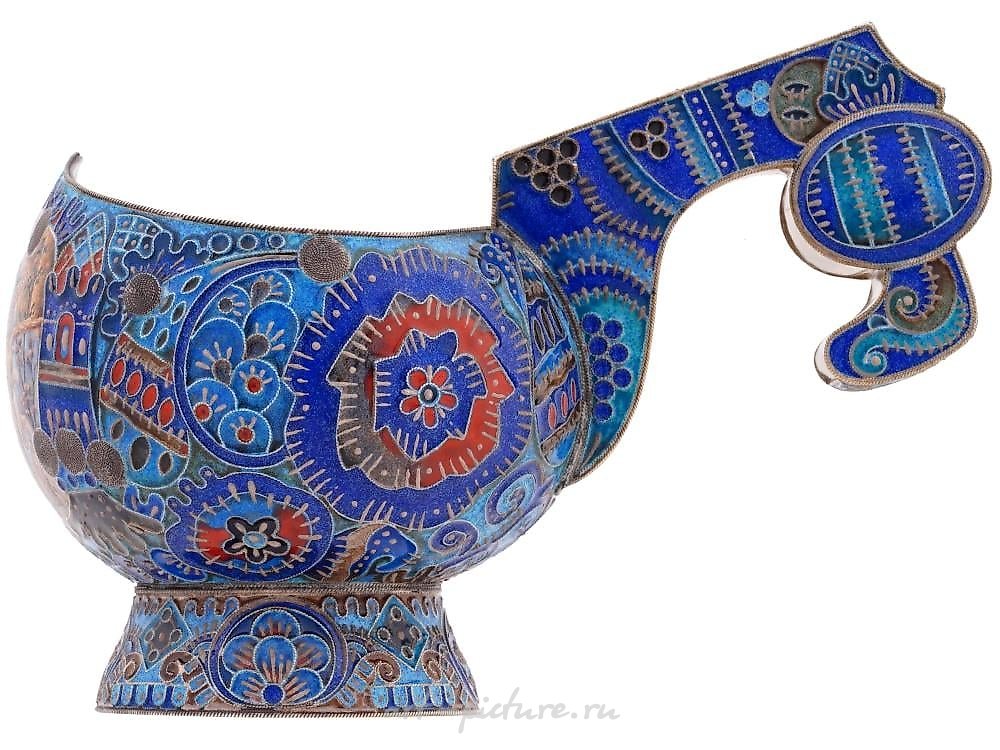 Russian silver , RUSSIAN 84 SILVER AND CLOISONNE ENAMEL KOVSH