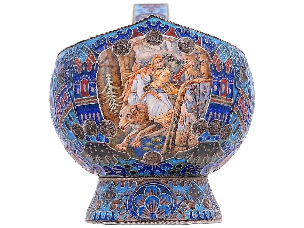 Russian silver , RUSSIAN 84 SILVER AND CLOISONNE ENAMEL KOVSH