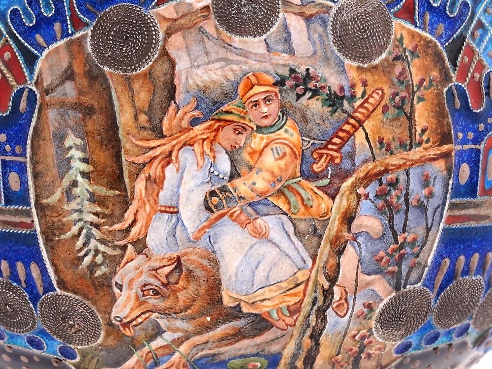 Russian silver , RUSSIAN 84 SILVER AND CLOISONNE ENAMEL KOVSH