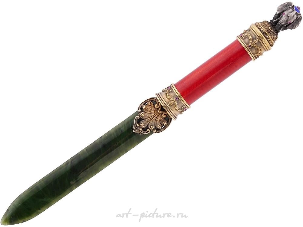 Russian silver , RUSSIAN GILT SILVER ENAMEL AND JADE LETTER OPENER