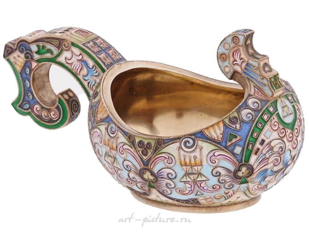 Russian silver , RUSSIAN 84 GILT SILVER AND CLOISONNE ENAMEL KOVSH