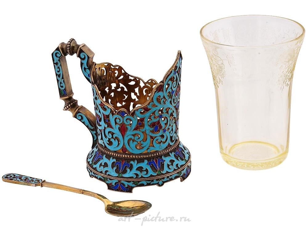 Russian silver , RUSSIAN SILVER ENAMEL TEA GLASS HOLDER WITH SPOON