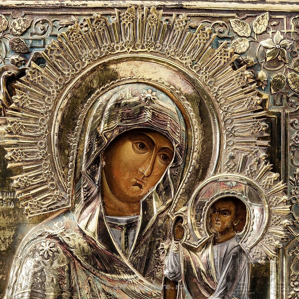 Russian silver , Rare icon with the Mother of God of Smolensk and Schuja (...)