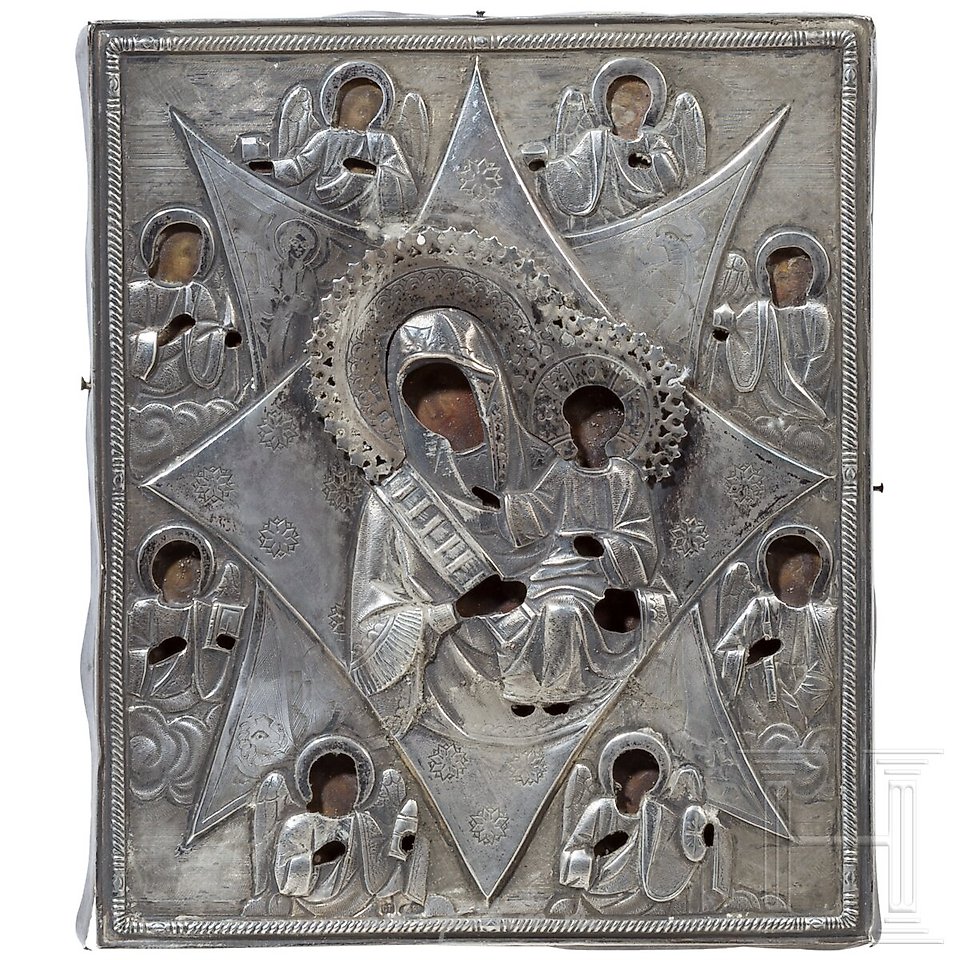 Russian silver , Silver oklad and two small icons of the Mother of God are...