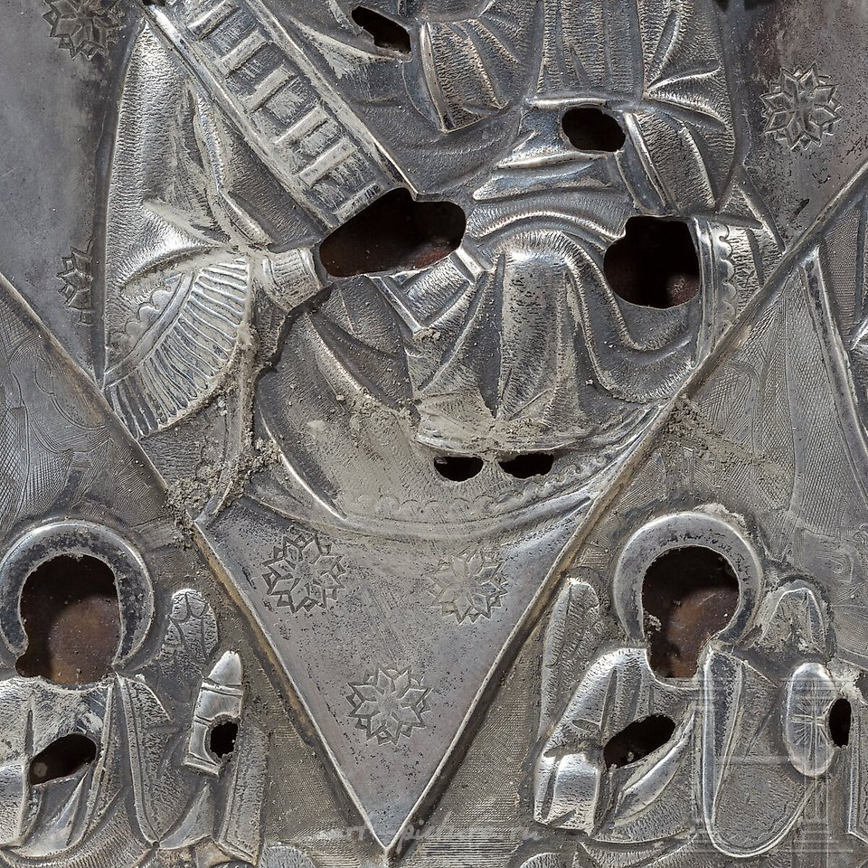 Russian silver , Silver oklad and two small icons of the Mother of God are...
