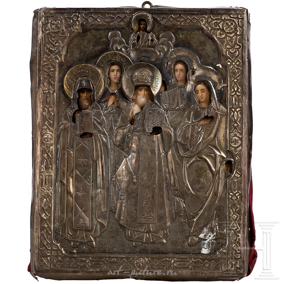 Русское серебро , Икона с пятью святыми и серебряным окладом