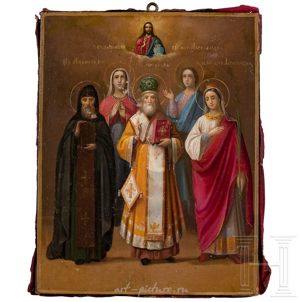 Русское серебро , Икона с пятью святыми и серебряным окладом