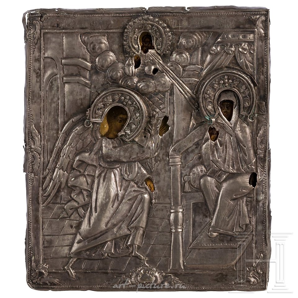 Русское серебро , Маленькая русская икона, изображающая Благовещение, с серебряным окладом