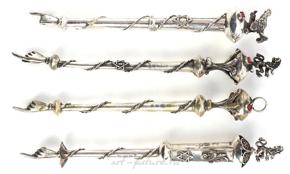 Русское серебро , Лот из 4 антикварных русских еврейских серебряных указателей Торы