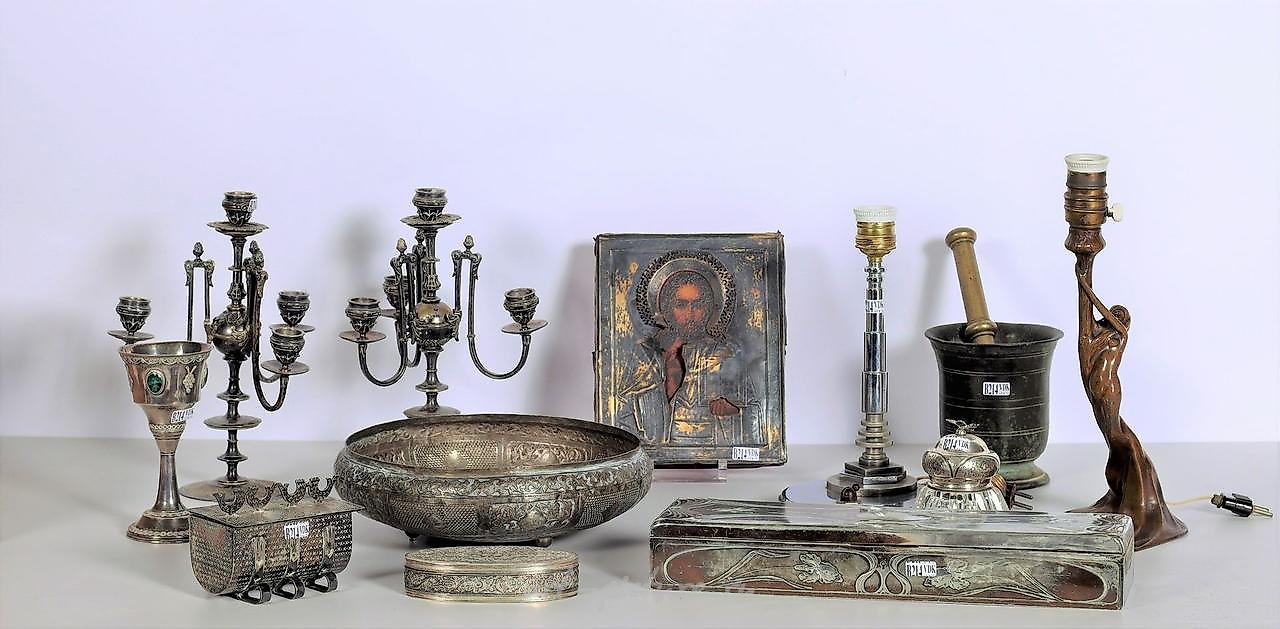 Russian silver , 12 silver, silver plated, pewter trinkets, and a brass mortar, and a Russian icon.