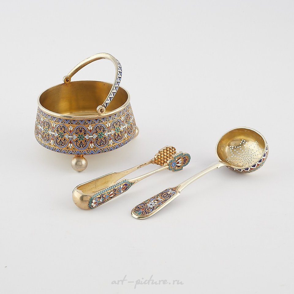 Russian silver , 3 Pcs Russian Enamel Silver Tea Set