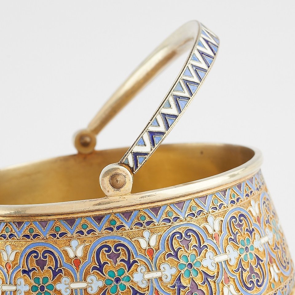 Russian silver , 3 Pcs Russian Enamel Silver Tea Set