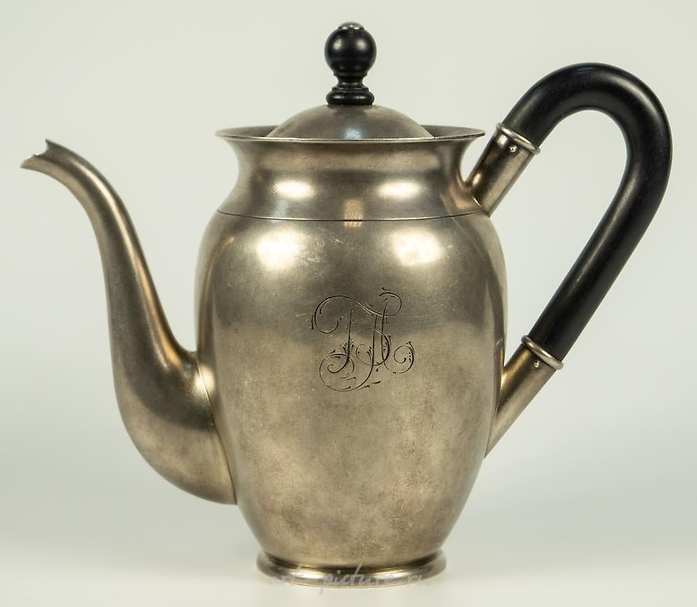 Russian silver , Silver coffee pot with removable lid and wooden handle. Faberge.