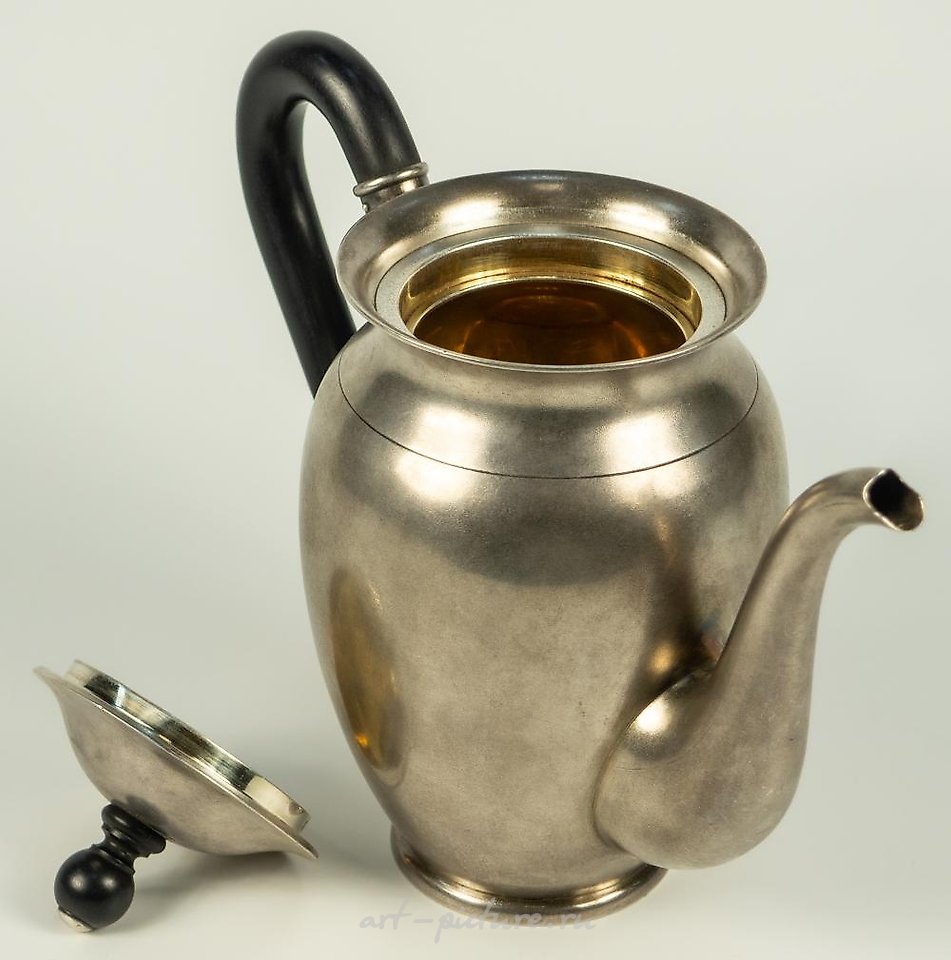 Russian silver , Silver coffee pot with removable lid and wooden handle. Faberge.