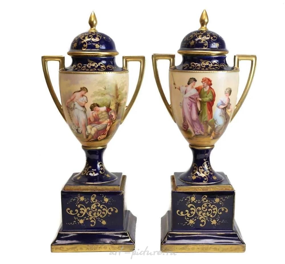 Royal Vienna Porcelain , Royal Vienna Austria Double Handled Urns, c1900. Signed