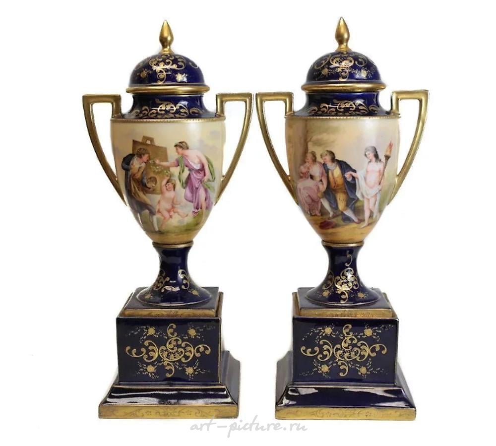 Royal Vienna Porcelain , Royal Vienna Austria Double Handled Urns, c1900. Signed