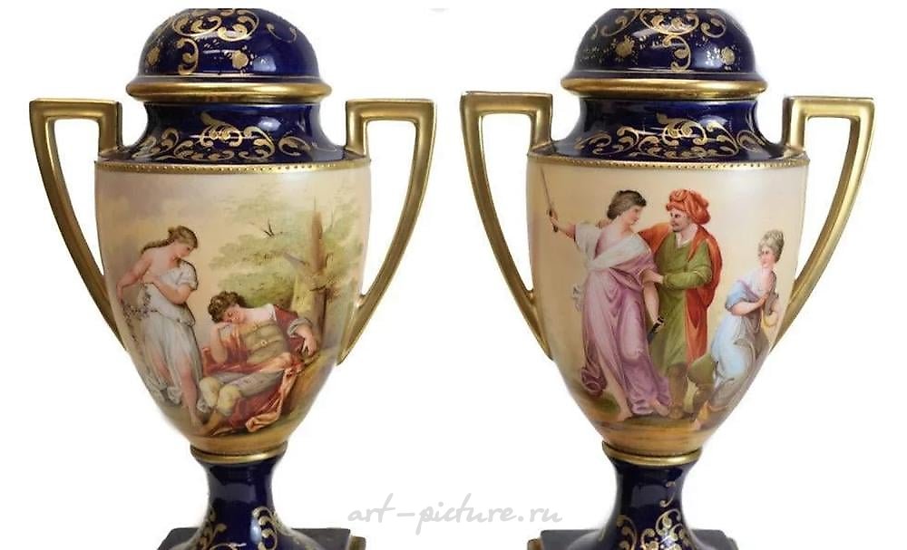Royal Vienna Porcelain , Royal Vienna Austria Double Handled Urns, c1900. Signed