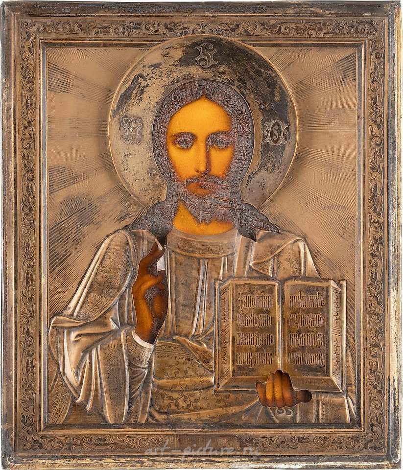 俄罗斯银 , 基督全能者的图标，带有银色和金色的装饰。