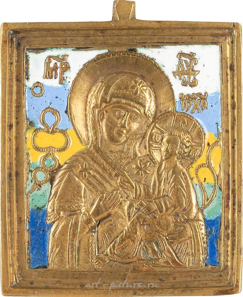 Russian silver , A LARGE BRASS AND ENAMEL ICON SHOWING THE SMOLENSKAYA MOTHER...