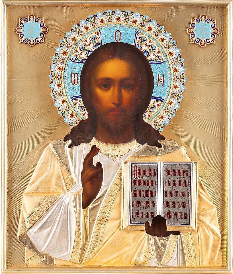 俄罗斯银 , 描绘着带有银质镀金和珐琅装饰的基督全能者的圣像。