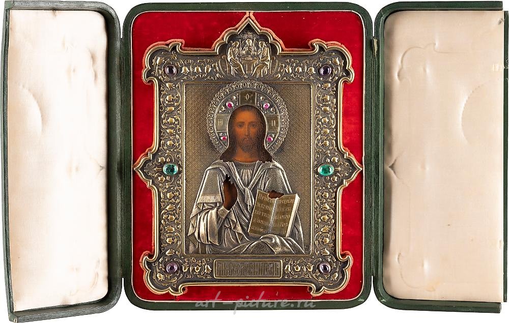 Russian silver , AN ICON SHOWING CHRIST PANTOKRATOR WITH SILVER-GILT OKLAD WI...