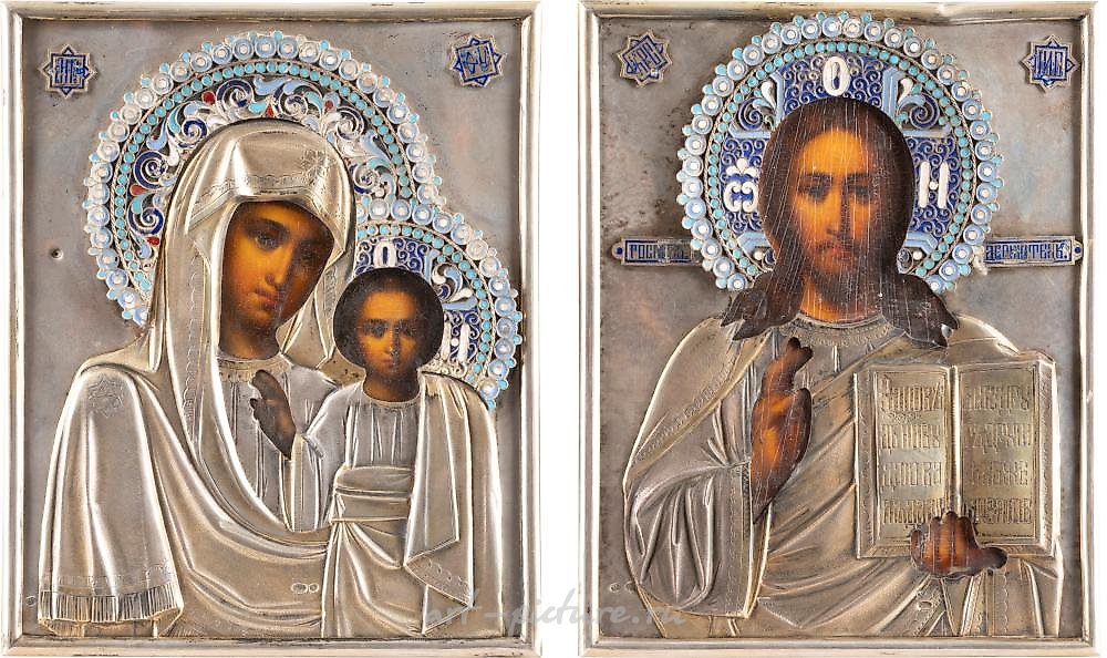 Russian silver , A PAIR OF WEDDING ICONS SHOWING CHRIST PANTOKRATOR AND THE K...