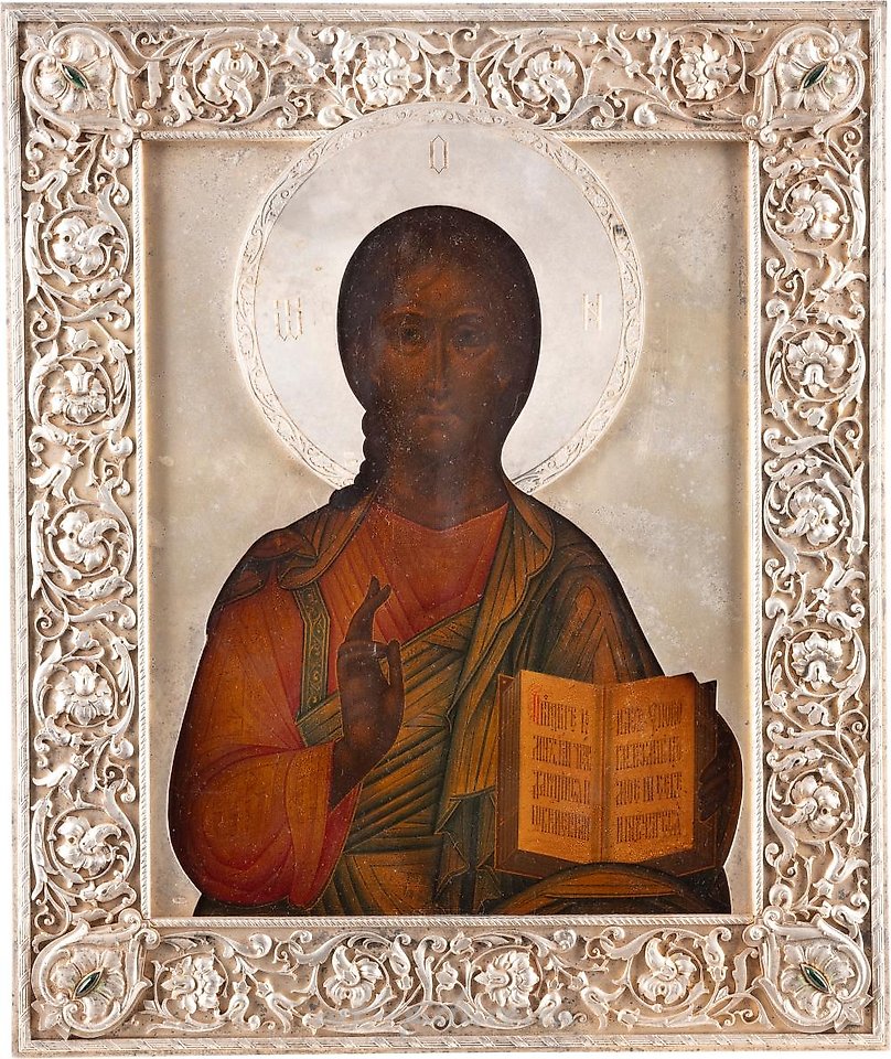 Русское серебро , Икона, изображающая Христа Пантократора с серебряной ризой