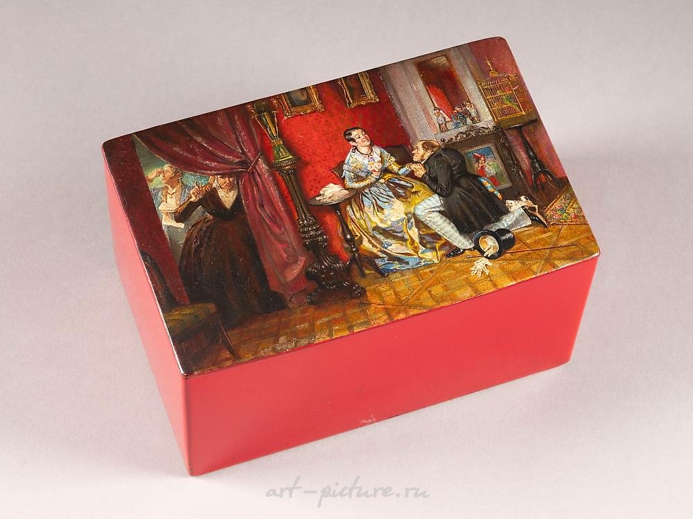 Russian silver , A PAPIER-MACHÉ AND LACQUER CASKET 'THE UNEQUAL COUPLE'
