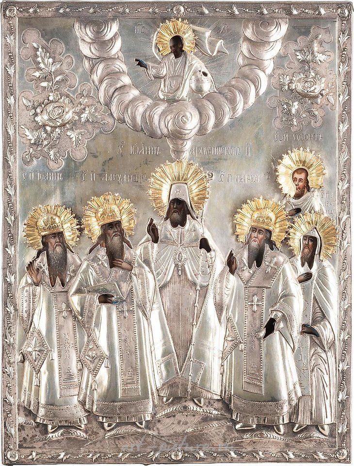 Russian silver , A VERY LARGE ICON SHOWING SAINTS IN BISHOP'S ATTIRE WITH A