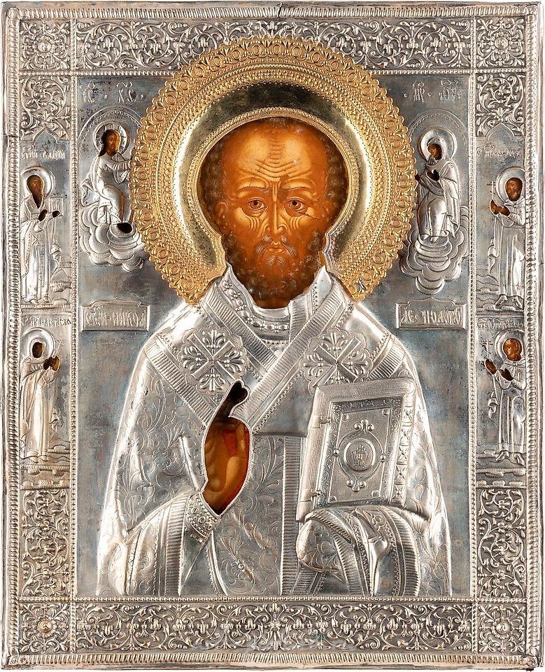 Русское серебро , БОЛЬШАЯ ИКОНА СО СВЯТЫМ НИКОЛАЕМ МИРЛИКИЙСКИМ И СЕРЕБРЯНЫМ НИМБОМ