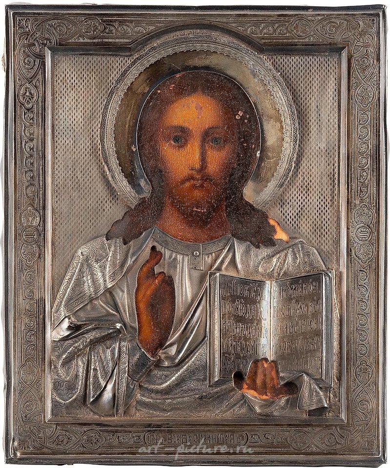 Русское серебро , ДВЕ ИКОНЫ С ИЗОБРАЖЕНИЕМ ХРИСТА ПАНТОКРАТОРА С СЕРЕБРЯНЫМ ОКЛАДОМ