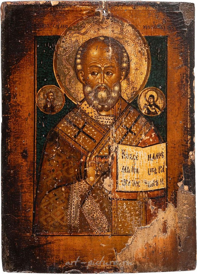 Russian silver , TWO ICONS SHOWING ST. NICHOLAS OF MYRA AND THE THREE-HANDED