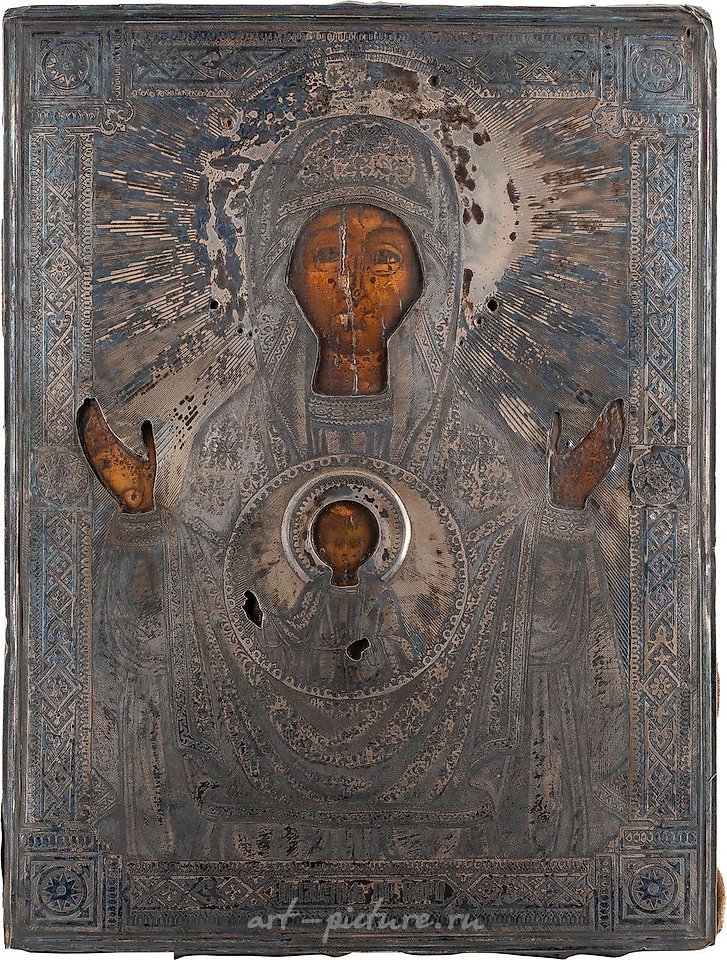 俄罗斯银 , 两个描绘有银饰边的基督全能者和圣母的图标。