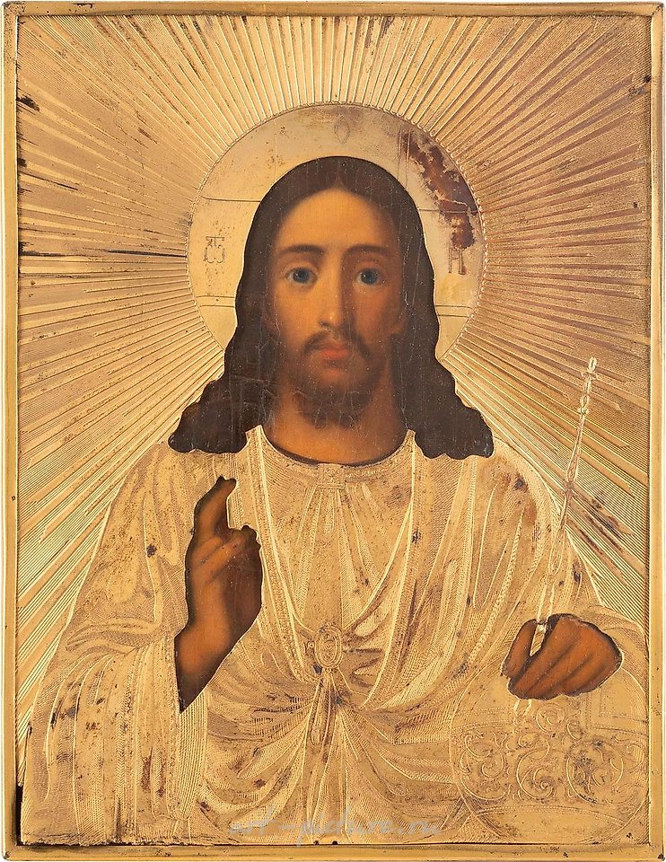 俄罗斯银 , 两个描绘有银饰边的基督全能者和圣母的图标。