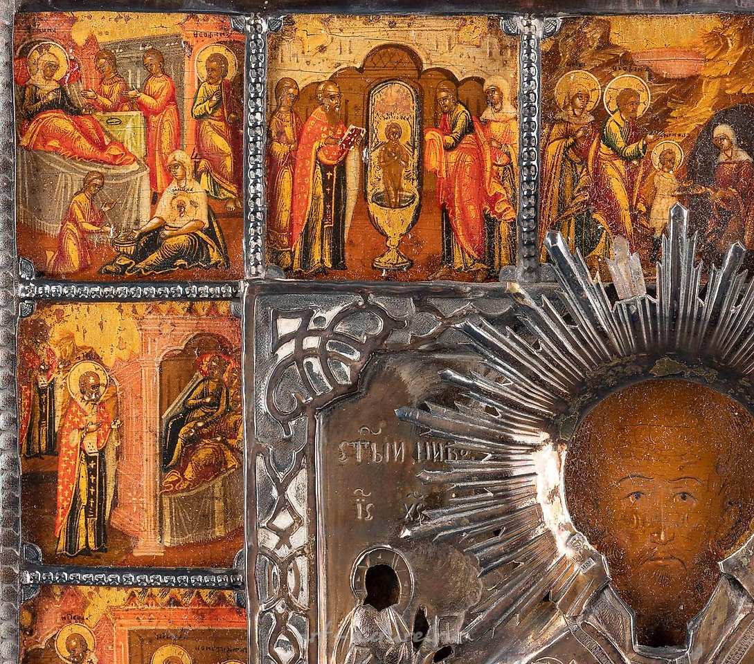 Russian silver , A VERY FINE VITA ICON OF ST. NICHOLAS OF MYRA WITH A SILVER