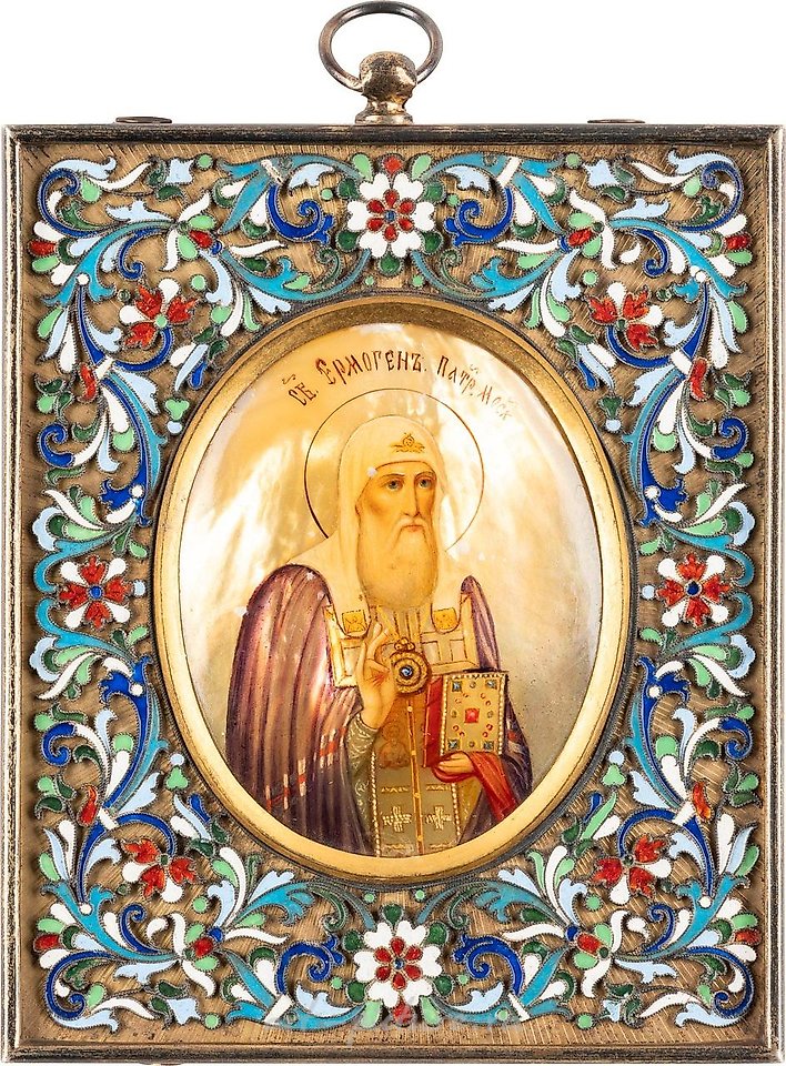Russian silver , A SMALL ICON SHOWING ST. ERMOGEN WITH A SILVER AND CLOISONN