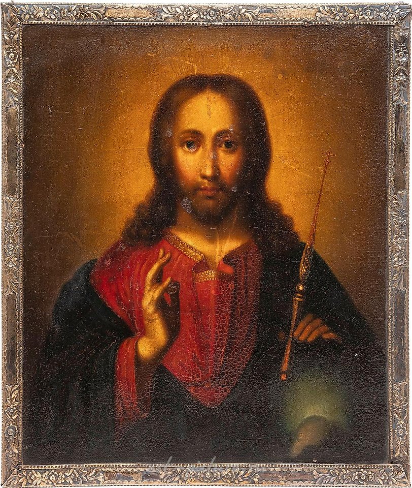 Русское серебро , Икона Христа Пантократора с серебряно-золоченым басмом. Россия.