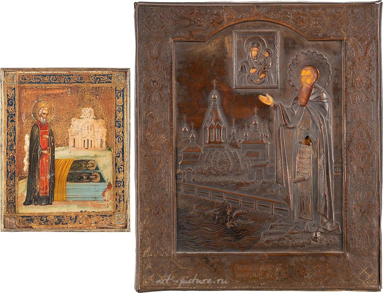 Russian silver , TWO ICONS SHOWING ST. SERGEY AT THE TOMB OF HIS PARENTS WITH
