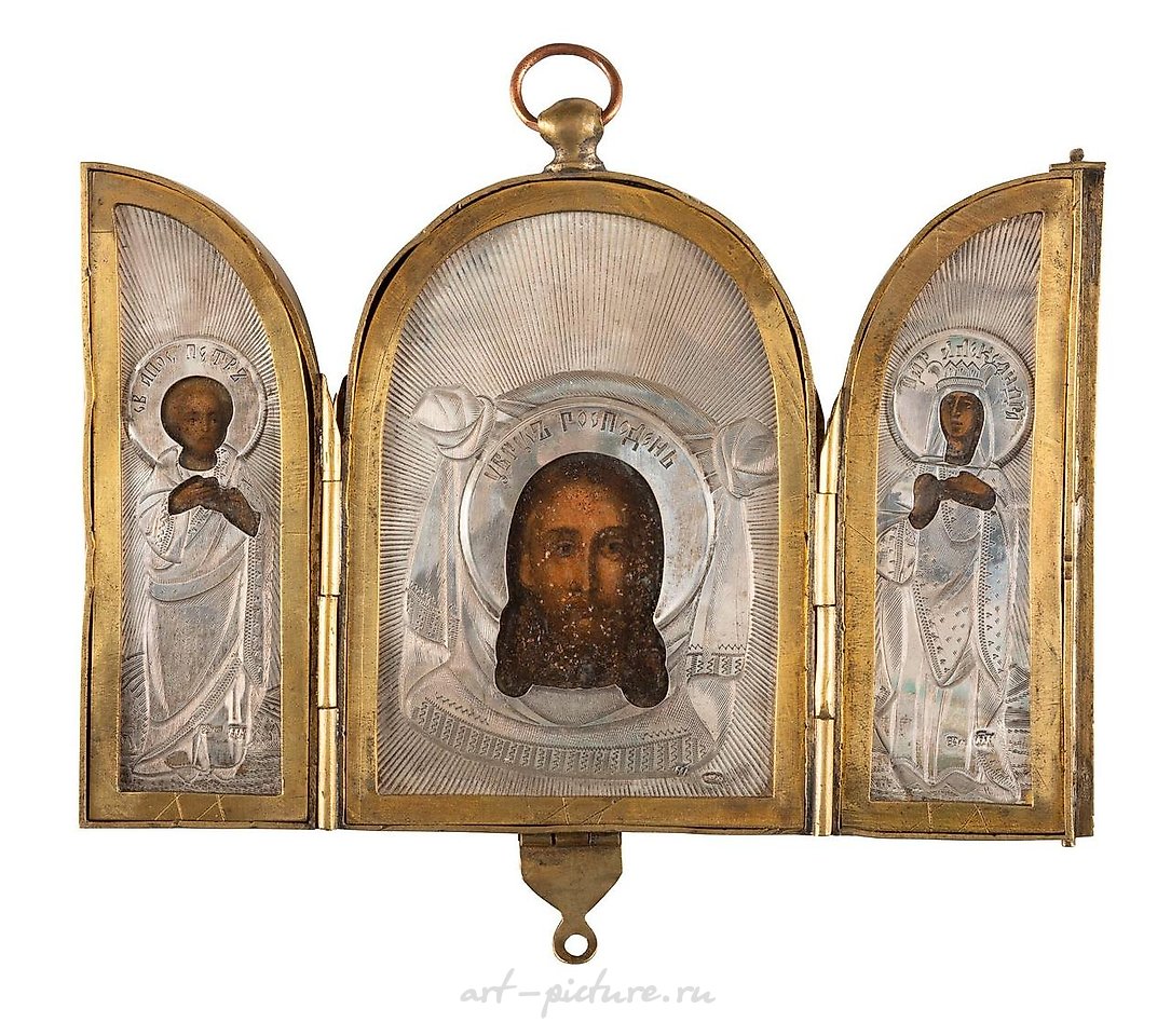 Russian silver , A TRIPTYCH SHOWING THE MANDYLION FLANKED BY STS. PETER THE