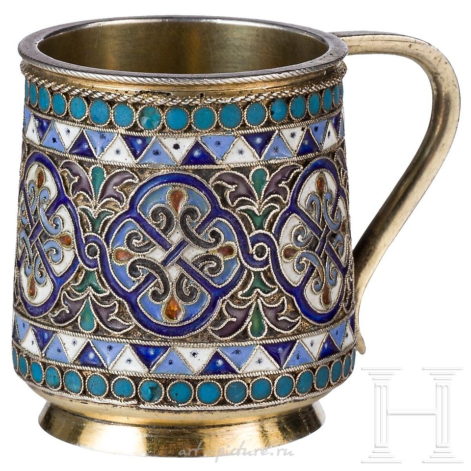 Russian silver , Cloisonne enamel handle cup (vodka cup), Russia, Moscow...