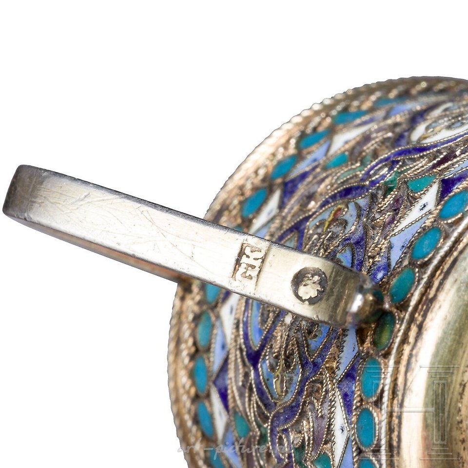Russian silver , Cloisonne enamel handle cup (vodka cup), Russia, Moscow...