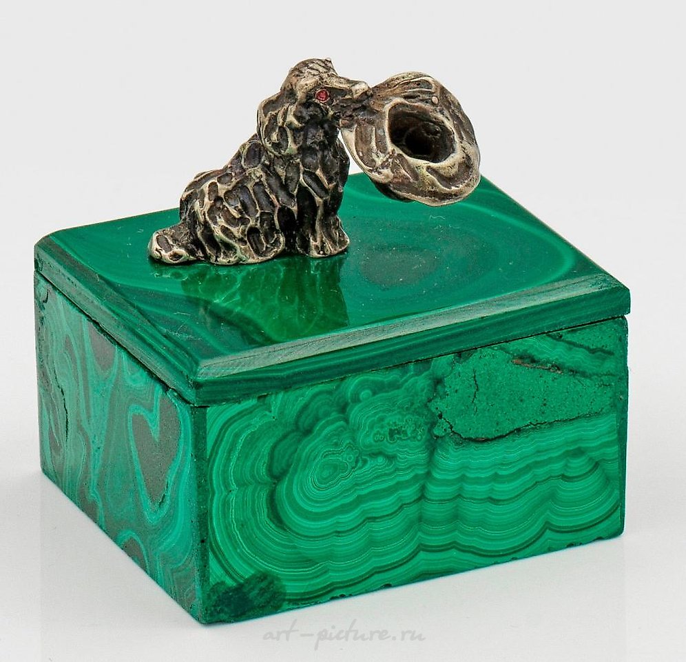 Russian silver , Small malachite box with a figurative knob
