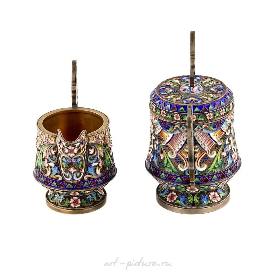 Russian silver , Art Nouveau cloisonne enamel Russian silver creamer and sugar...